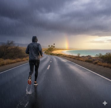 A man in a rain jacket running on a wet coastal road during a storm with a rainbow over the beach.