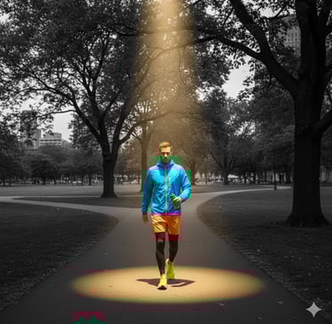 Male runner in colorful athletic wear walking through a park under a dramatic spotlight beam.