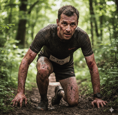 A mud-covered man crawls through a forest trail during a challenging obstacle course race.