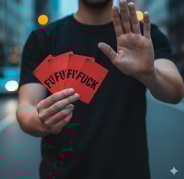 A person in a black shirt holds red cards with bold text while making a stop hand gesture.