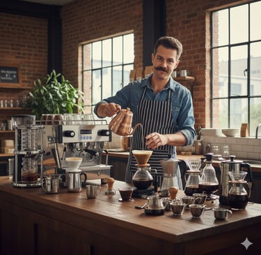 Professional barista pouring hot water from a copper kettle into a pour-over coffee dripper in a rustic cafe.