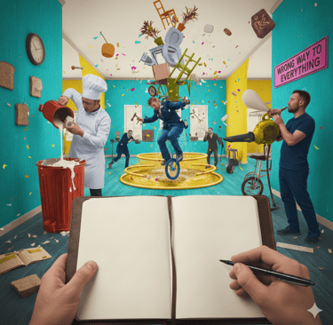 Surreal chaotic office scene with a unicycle rider and chef, viewed from a blank notebook perspective.
