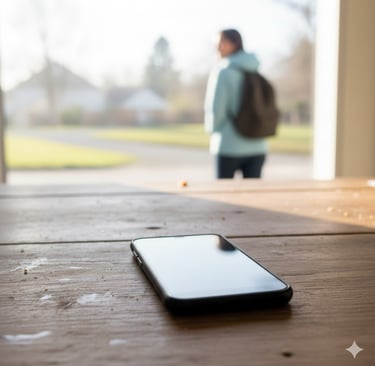 A black smartphone left on a wooden table with a person walking away in the blurred background.