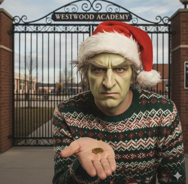 A man in green Grinch makeup and a Santa hat holds a coin outside Westwood Academy gates.