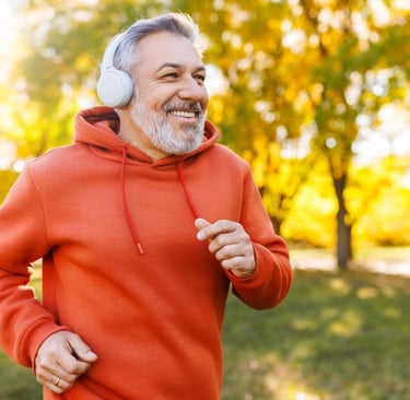 Middle maged man happy and running with confidence