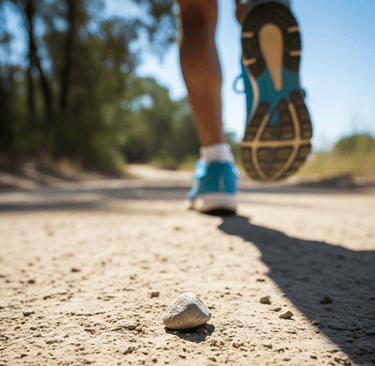 A person running on a trail in the woods, removing mental stone from their mind