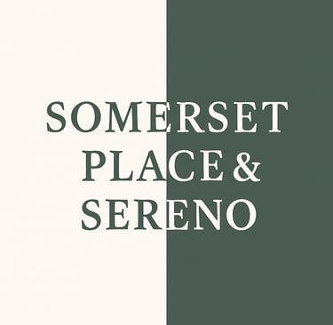 Minimalist Somerset Place & Sereno logo on a cream and forest green split background.