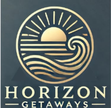 Horizon Getaways travel logo featuring a gold sun and ocean wave emblem on a dark background.