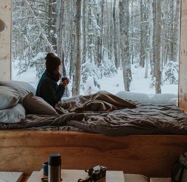 A woman sits in a cozy wooden cabin bed looking out at a snowy forest landscape.