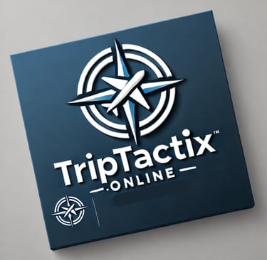 TripTactix Online logo featuring a white compass and airplane icon on a dark blue background.