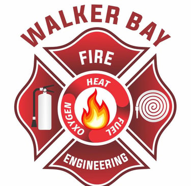 Walker Bay Fire Engineering logo featuring a fire triangle with heat, oxygen, and fuel icons.