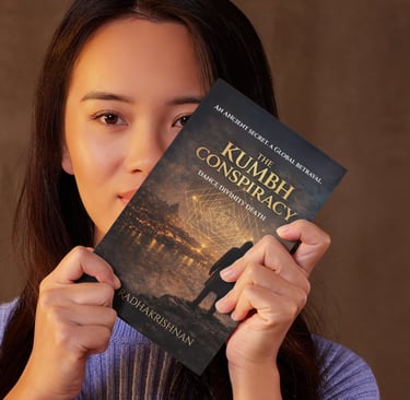 A woman holds a copy of The Kumbh Conspiracy book by Radhakrishnan, a thriller novel about ancient secrets.