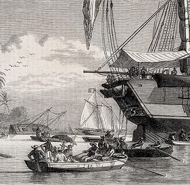 Ship unloading indentured workers at a French port