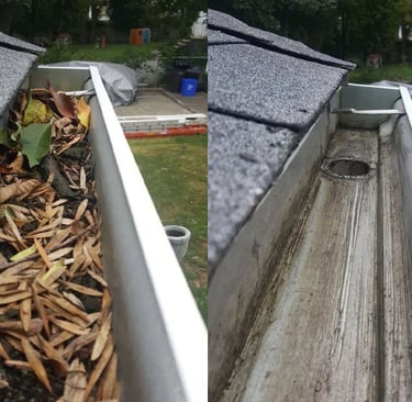 Before and after cleaning a home gutter
