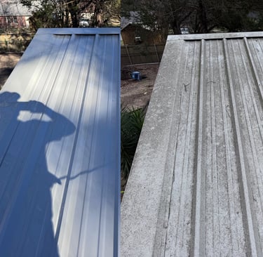 Before and after cleaning a metal roof