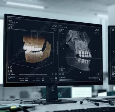 Digital dental X-ray and 3D panoramic jaw imaging displayed on multiple computer monitors in a clinic.