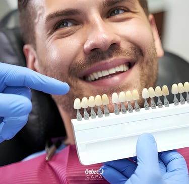 A dentist uses a tooth shade guide to match a patient's smile for teeth whitening or dental veneers.