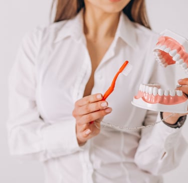 A dental professional holding an anatomical human jaw model and an orange toothbrush to demonstrate oral hygiene.
