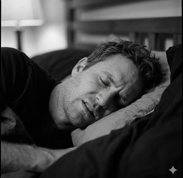 A man experiencing restless sleep or a nightmare while lying in bed, captured in a black and white close-up.