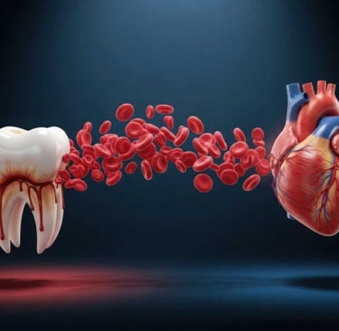 Medical illustration showing the link between gum disease, bloody teeth, and human heart health.