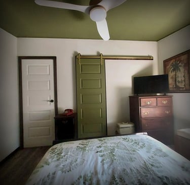 a bedroom with a green door and a green door