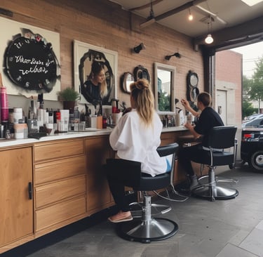 A person is having their hair cut or styled outdoors. They are looking into a handheld mirror to view the process. The person has a towel or cape draped around their shoulders, suggesting a hair styling session. The scene is brightly lit by natural sunlight.