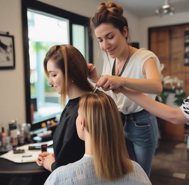 A person is getting their hair styled while holding a smartphone. The hairstylist is focused on their work, while the person being styled is looking at the phone screen.