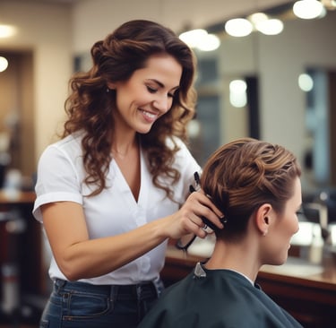 A hairstylist with curly hair and a beard is attentively cutting a client's hair in a modern barbershop. The barber is wearing an orange shirt and is working with a comb and scissors. The salon is well-lit with contemporary lighting fixtures visible in the background.