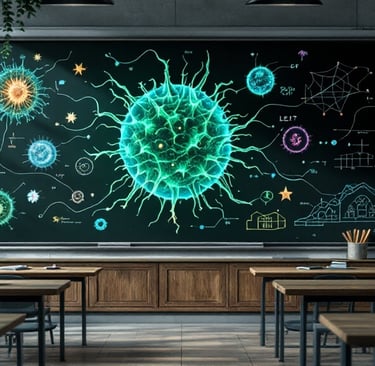 A classroom chalkboard with written formulas and diagrams