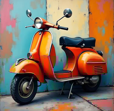 Moto Vespa antigua (vintage) de color naranja en un cuadro estilo cubista con colores vivos