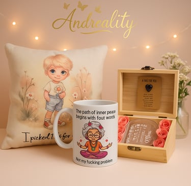 Personalized gift set whit a printed pillow,funny mug,and acrylic heart plaque in wooden box.