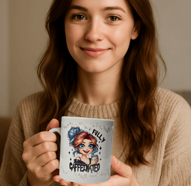a woman holding a mug and smiling at the camera