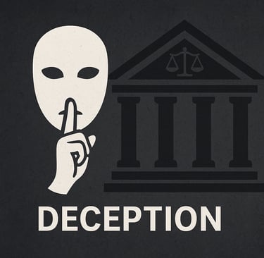 a person holding a finger up to their face and a courthouse with caption deception