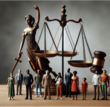 lady justice with sword scales gavel and people gathered