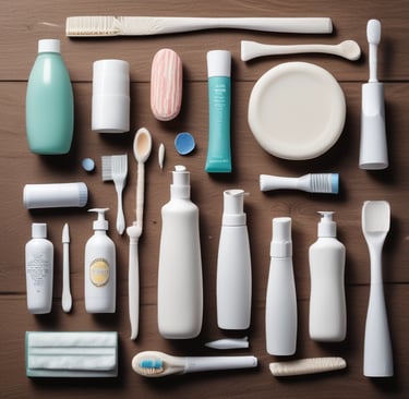 a blue toothbrush, toothpaste, toothpaste, and other items