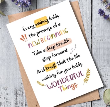 A New Chapter handmade card with a unique quote 