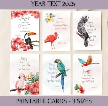 a set of printable cards with tropical bird artwork and the 2026 year text