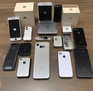 A group of people stand in front of a wall with various shelves displaying electronic devices and promotional images. The shelves are made of light wood, adding a modern and organized appearance. Some devices on display include smartphones and watches, with advertising screens showing relevant product images and information.