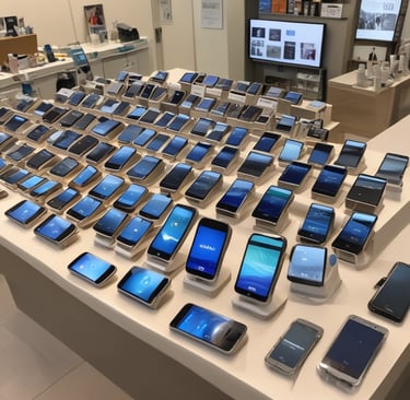 An electronics store displays multiple large screens showing images, with glass display cases containing various electronic items. The lighting is dim, casting a greenish hue over the interior. A person is visible in silhouette, seemingly engaging with a device.