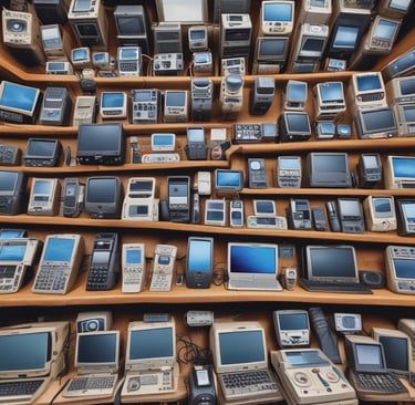 A vintage electronics store display behind a glass window, showcasing a collection of retro audio and video equipment. The shelves are filled with various devices, including old televisions, radios, amplifiers, and turntables. Reflection of the street and pedestrians create an overlay effect on the glass.