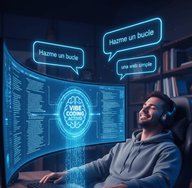 un hombre sentado en un computador haciendo vibe coding