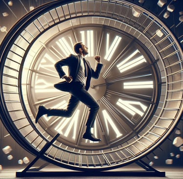 Businessmann in einem Hamsterrad vor einer Uhr