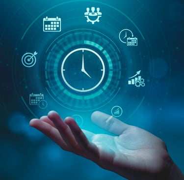 Hand holding glowing blue digital icons for time management, project scheduling, and business efficiency.