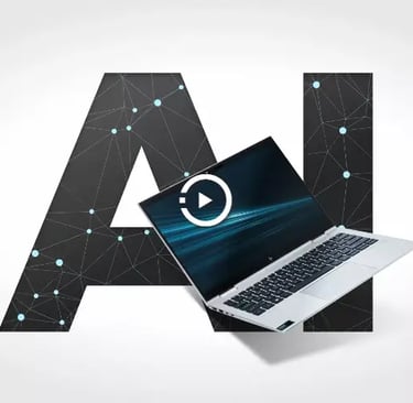 muestra una descripcion de la IA y una notebook en el aire encima de las letras AI