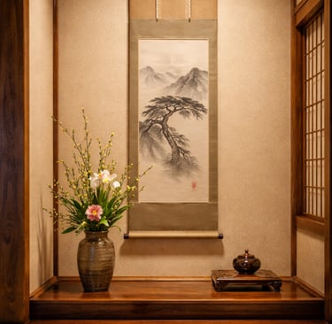 Traditional Japanese tokonoma with a hanging kakemono scroll and ikebana flower arrangement, express
