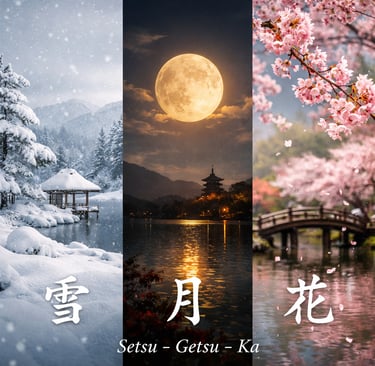 „Japanisches Motivtriptychon Setsu-Getsu-Ka (雪月花): Schnee im Winter, Mond im Herbst und Sakura-Blüte