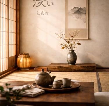 Shibui Japanese interior with tokonoma and ikebana, minimalist traditional design.
