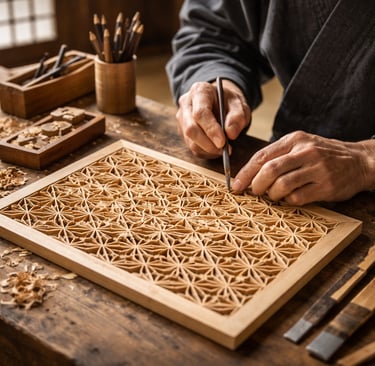 Traditional Japanese kumiko woodwork being handcrafted by an artisan, intricate geometric wooden lat