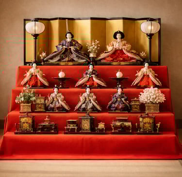 Traditional Japanese Hinamatsuri dolls displayed on a tiered red platform for Girls' Day.
