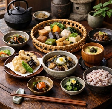 Hyperrealistische Szene eines traditionellen japanischen veganen Menüs (Shōjin Ryōri) auf einem dunk